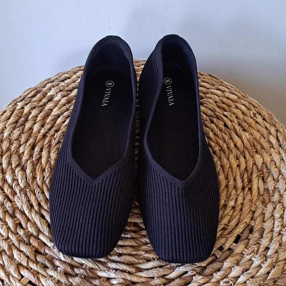 Vivaia Womens Margo Square‎ Toe Black Stretch Fabric Preppy Flats EU42/US10.5-11